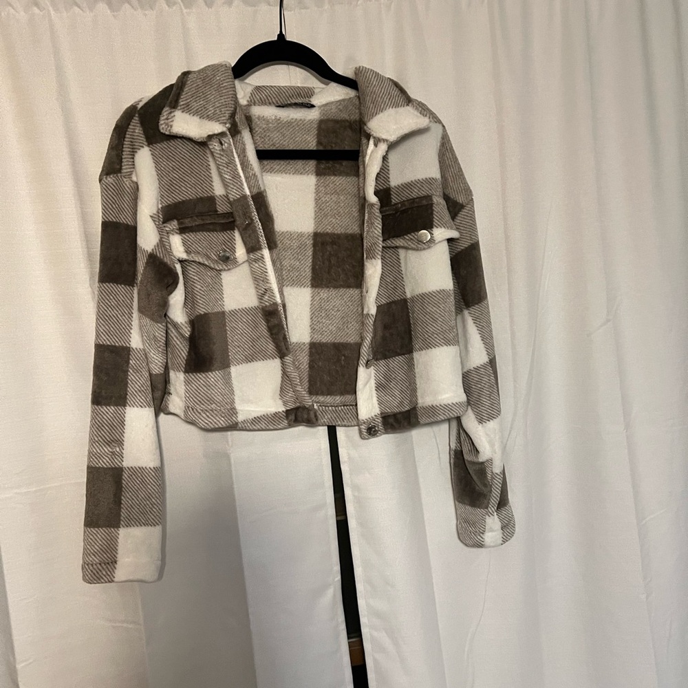 SHEIN Brown and White Teddy Jacket Relaxed Fit